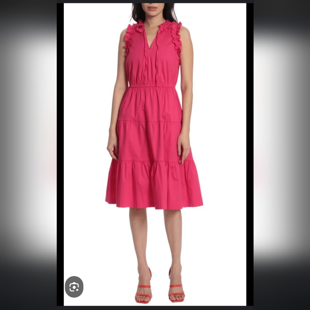 Maggy London Poplin V-Neck Tiered Skirt Dress with Tie and Ruffle Details 4